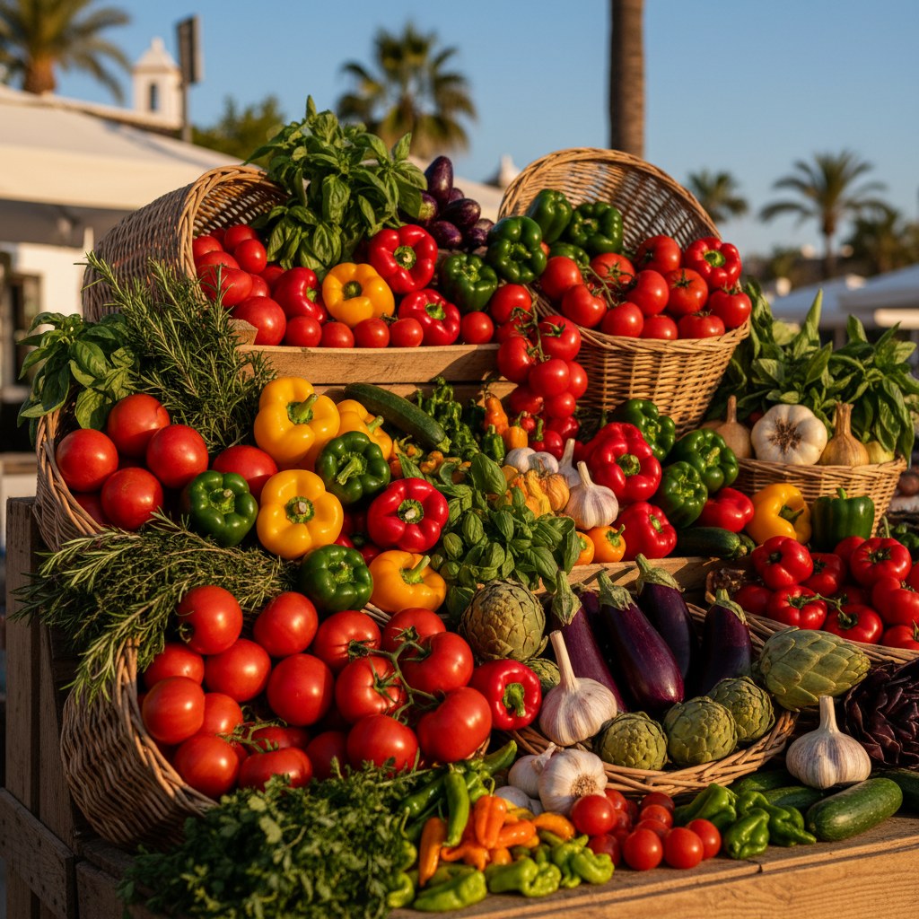 produce stalls: seasonal fruits and vegetables